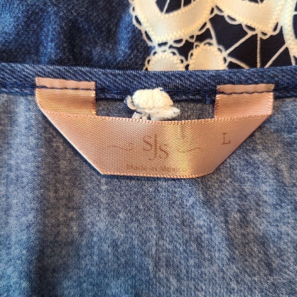 SJS Denim Blue Trapeze Dress L Lace Hem Border Feminne Coastal Cottagecore - Picture 5 of 8